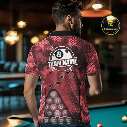 Red Camo 8 Ball Billiard Shirt For Men Custom Pool Team Shirt, Billiard Jersey Polo & 1/4 Zip TDM6009
