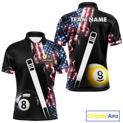 US Flag Smoke 8 Ball 9 Ball Billiard Shirt For Men Custom Patriotic Pool Team Jersey Polo, 1/4 Zip TDM6011