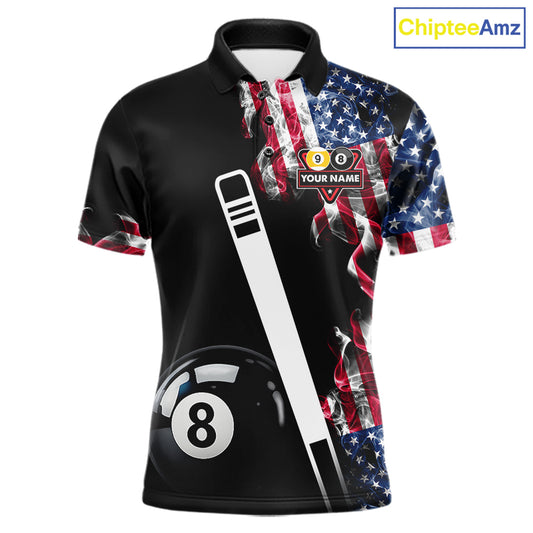 US Flag Smoke 8 Ball 9 Ball Billiard Shirt For Men Custom Patriotic Pool Team Jersey Polo, 1/4 Zip TDM6011