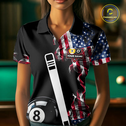 US Flag Smoke 8 Ball 9 Ball Billiard Shirt For Women Custom Patriotic Pool Team Jersey Polo, 1/4 Zip TDM6011