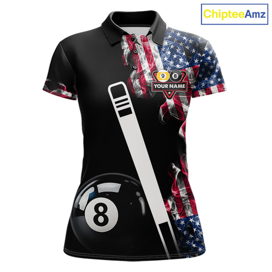 US Flag Smoke 8 Ball 9 Ball Billiard Shirt For Women Custom Patriotic Pool Team Jersey Polo, 1/4 Zip TDM6011