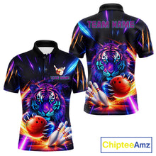 Load image into Gallery viewer, Custom Neon Blue And Purple Tiger Bowling Shirt For Men, Bowling Team Jersey Polo &amp; 1/4 Zip Shirt TDM6241