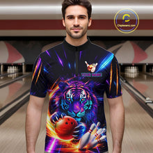 Load image into Gallery viewer, Custom Neon Blue And Purple Tiger Bowling Shirt For Men, Bowling Team Jersey Polo &amp; 1/4 Zip Shirt TDM6241