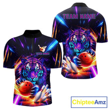 Load image into Gallery viewer, Custom Neon Blue And Purple Tiger Bowling Shirt For Men, Bowling Team Jersey Polo &amp; 1/4 Zip Shirt TDM6241