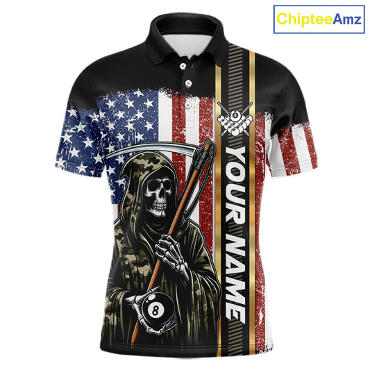 Camo Grim Reaper 8 Ball Billiard Shirt For Men Custom American Flag Pool Team Jersey Polo, 1/4 Zip TDM6246