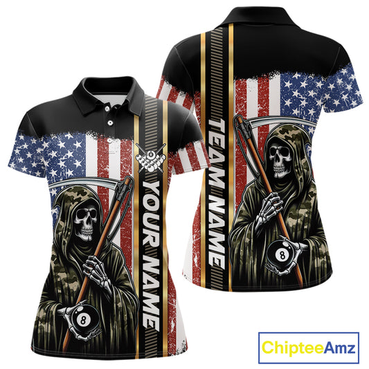 Camo Grim Reaper 8 Ball Billiard Shirt For Women Custom American Flag Pool Team Jersey Polo, 1/4 Zip TDM6246