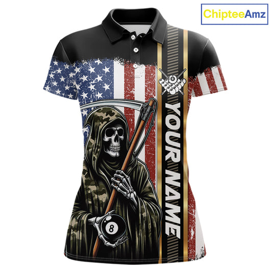 Camo Grim Reaper 8 Ball Billiard Shirt For Women Custom American Flag Pool Team Jersey Polo, 1/4 Zip TDM6246