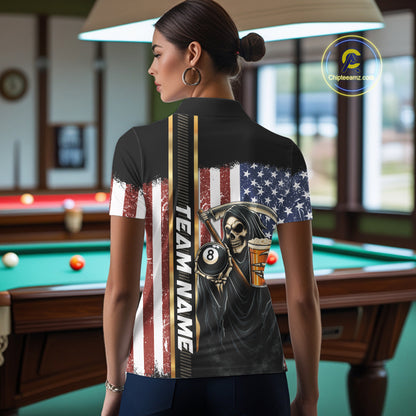 Grim Reaper With Beer Custom 8 Ball Billiard Shirt For Women, US Flag Pool Team Jersey Polo, 1/4 Zip TDM6247