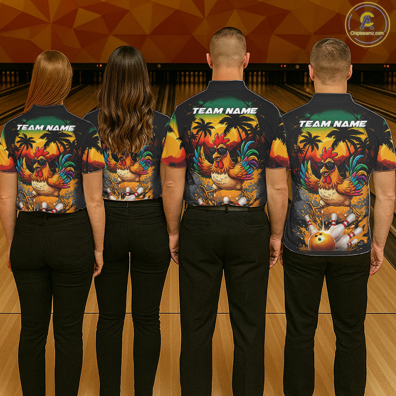 Funny Chicken Sunset Tropical Bowling Jersey For Men Custom Bowling Team Shirts Polo & 1/4 Zip TDM6458