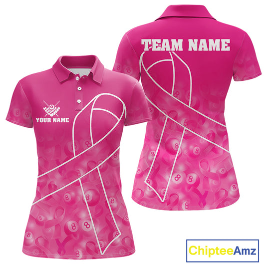 Pink ribbon pool shirt for women with 8 ball design and awareness inspired team style.