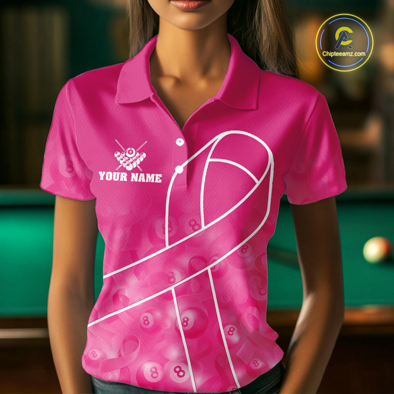 Woman wearing a pink ribbon billiard shirt during pool league play front view.