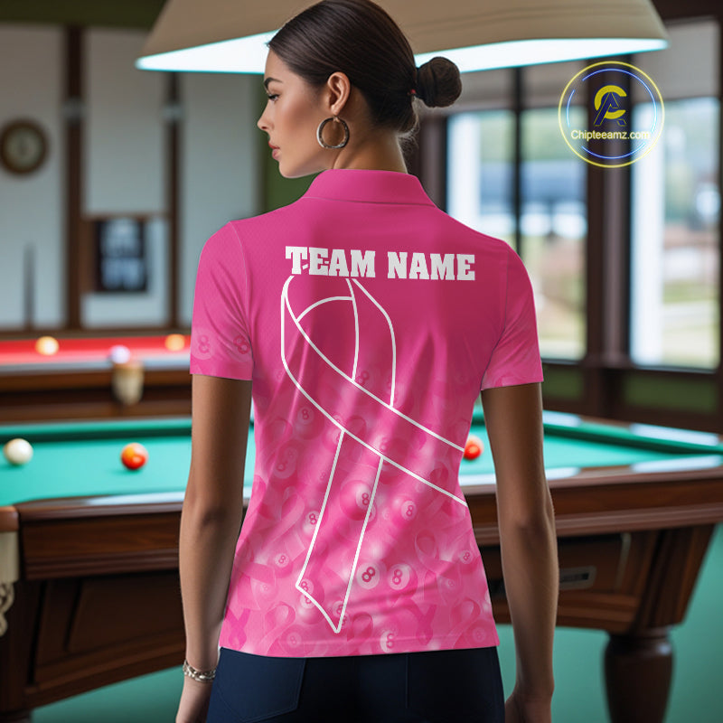 Back view of woman wearing a breast cancer awareness billiard jersey inside a game room.