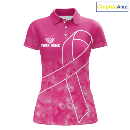 Pink ribbon 8 ball billiard polo shirt for women with breast cancer awareness themed league graphics.