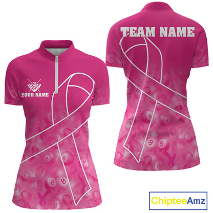 Pink ribbon billiard quarter zip shirt for women built for tournaments and league support events.