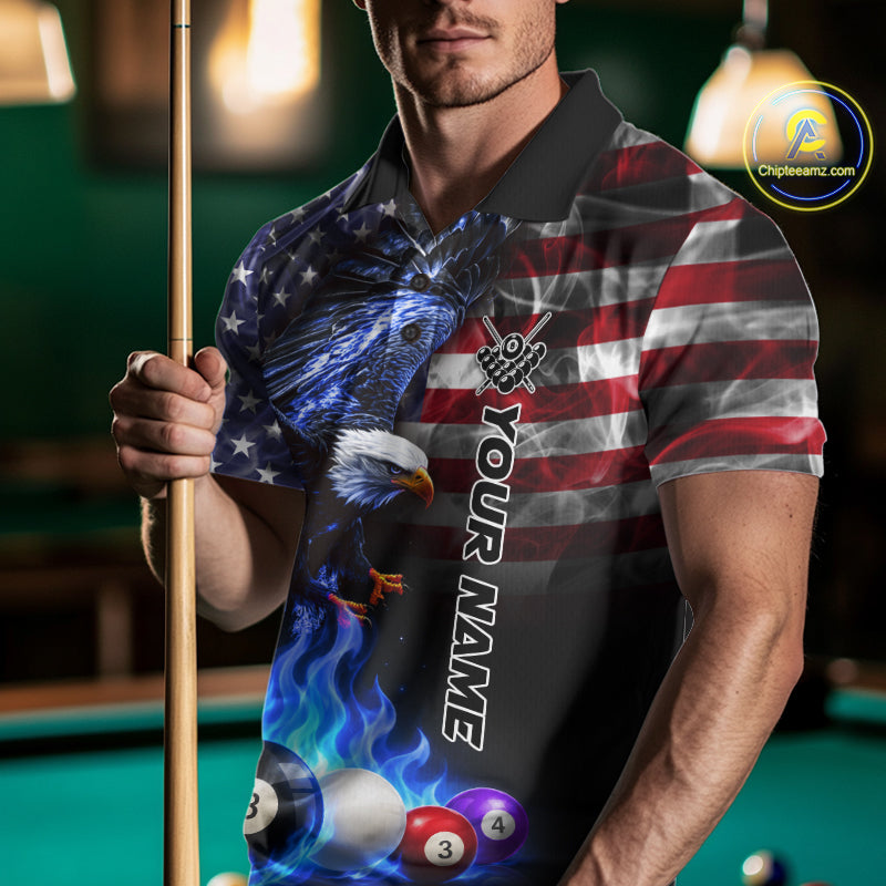 Man wearing a blue flame billiard polo shirt during pool league play front view.