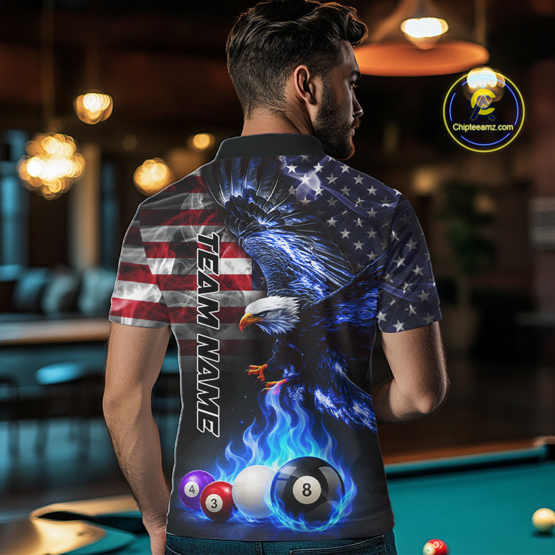 Back view of man wearing a blue flame billiard jersey inside a pool hall.