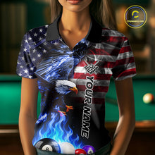 Load image into Gallery viewer, Woman wearing a blue flame billiard polo shirt during pool league play front view.