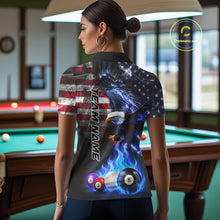 Load image into Gallery viewer, Back view of woman wearing a blue flame billiard jersey inside a pool hall.