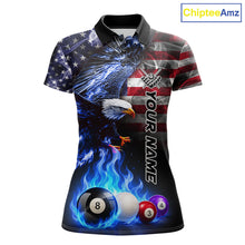 Load image into Gallery viewer, Blue flame American flag eagle billiard polo shirt for women with bold league and team graphics.