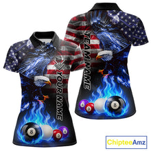 Load image into Gallery viewer, Blue flame pool shirt for women with eagle and flag design built for custom team uniforms.