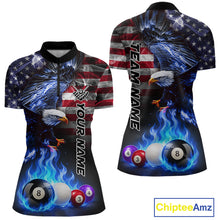 Load image into Gallery viewer, Blue flame billiard quarter zip shirt for women designed for tournament performance and league competition.