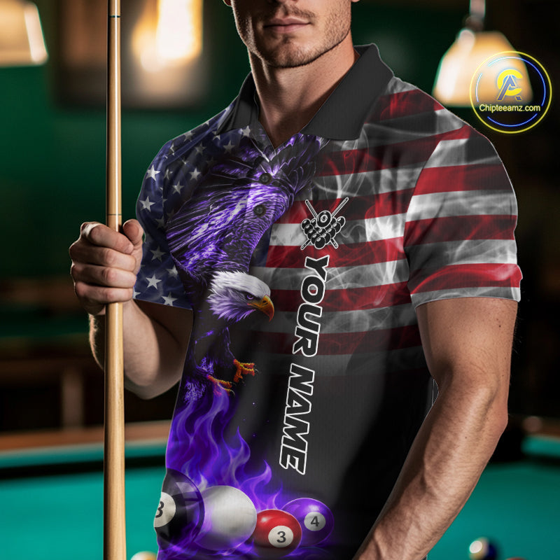 Man wearing a purple flame eagle billiard shirt during pool match front view in a game hall.