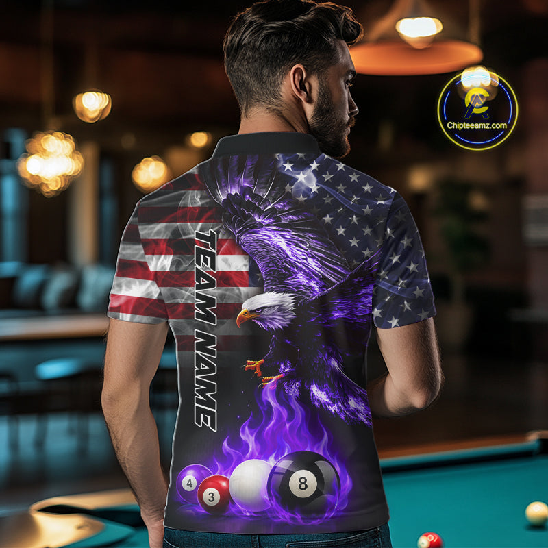 Back view of man wearing an American flag billiard jersey in a billiards room.