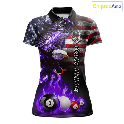 Purple flame American flag eagle billiard polo shirt for women with bold patriotic league graphics.