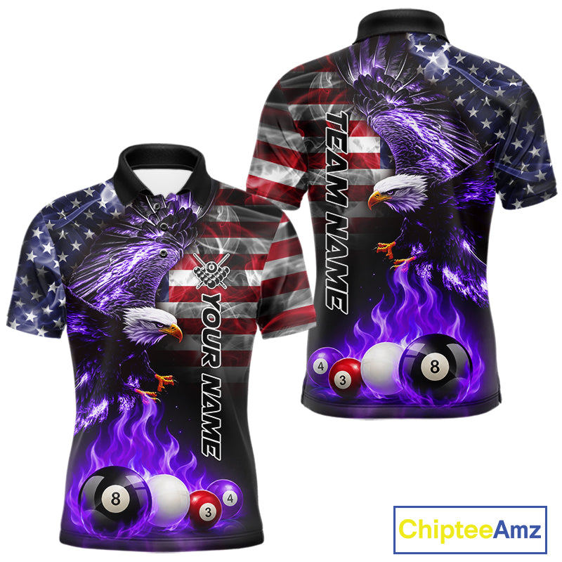Purple flame eagle pool shirt for men with American flag design and custom team style.