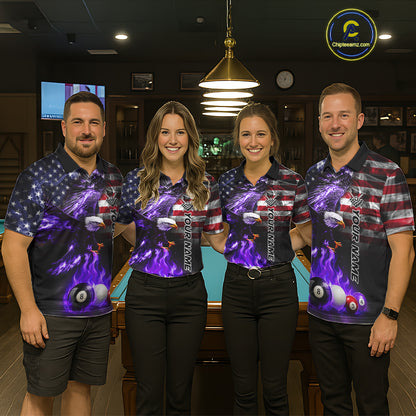 Pool team wearing matching purple flame eagle billiard jerseys during tournament front view.
