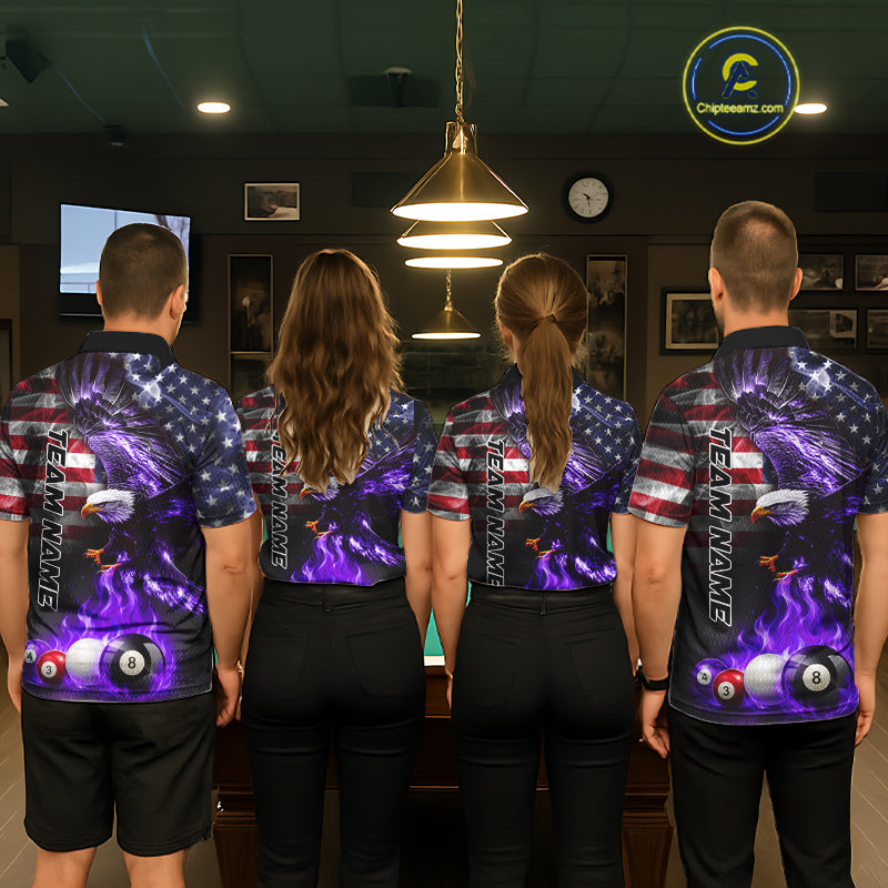 Back view of pool players wearing patriotic billiard shirts during competitive match play.