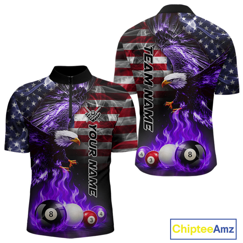 Purple flame billiard quarter zip shirt for men built for competitive pool tournaments and league play.