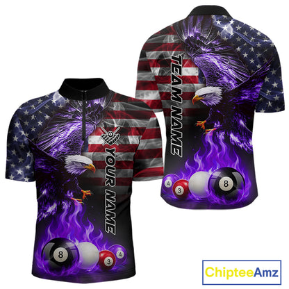Purple flame billiard quarter zip shirt for men built for competitive pool tournaments and league play.