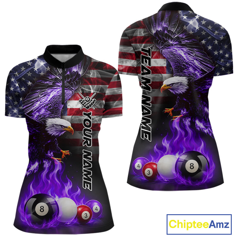 Purple flame billiard quarter zip shirt for women built for competitive pool tournaments and league play.