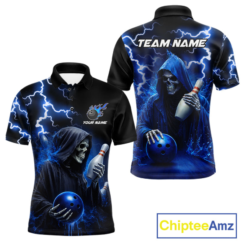 Blue Grim Reaper Bowling Shirt For Men Custom Lightning Team League Bowling Jersey Polo & 1/4 Zip TDM5854