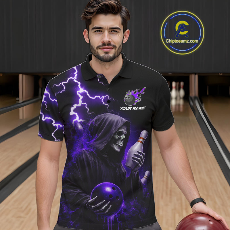 Purple Grim Reaper Bowling Shirt For Men Custom Lightning Bowling Jersey Team Polo & 1/4 Zip TDM5857