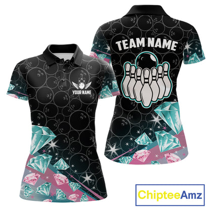 Funny Pink And Turquoise Diamonds Bowling Shirt For Women Custom Bowling Team Jersey TDM5860