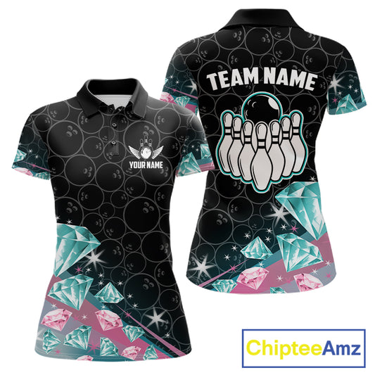 Funny Pink And Turquoise Diamonds Bowling Shirt For Women Custom Bowling Team Jersey TDM5860