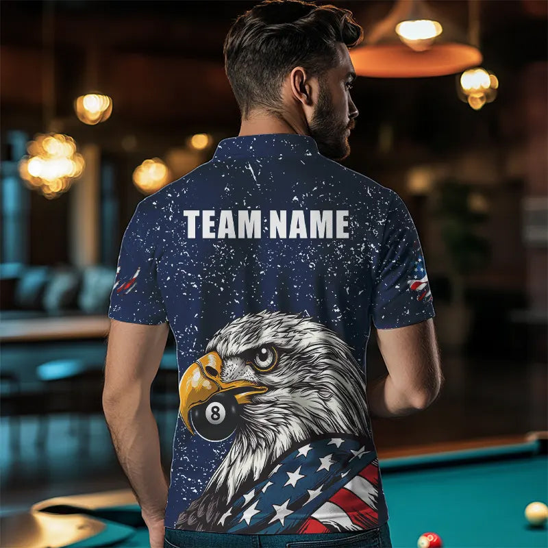 Blue Navy Grunge Eagle American Flag Custom Billiard Shirts For Men, Patriotic Billiard Team Shirts TDM3681