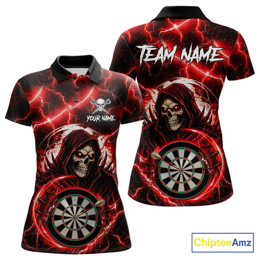 Red Grim Reaper Skull Thunder Lightning Darts Shirt For Women Custom Darts Jersey Team Polo & 1/4 Zip TDM6467