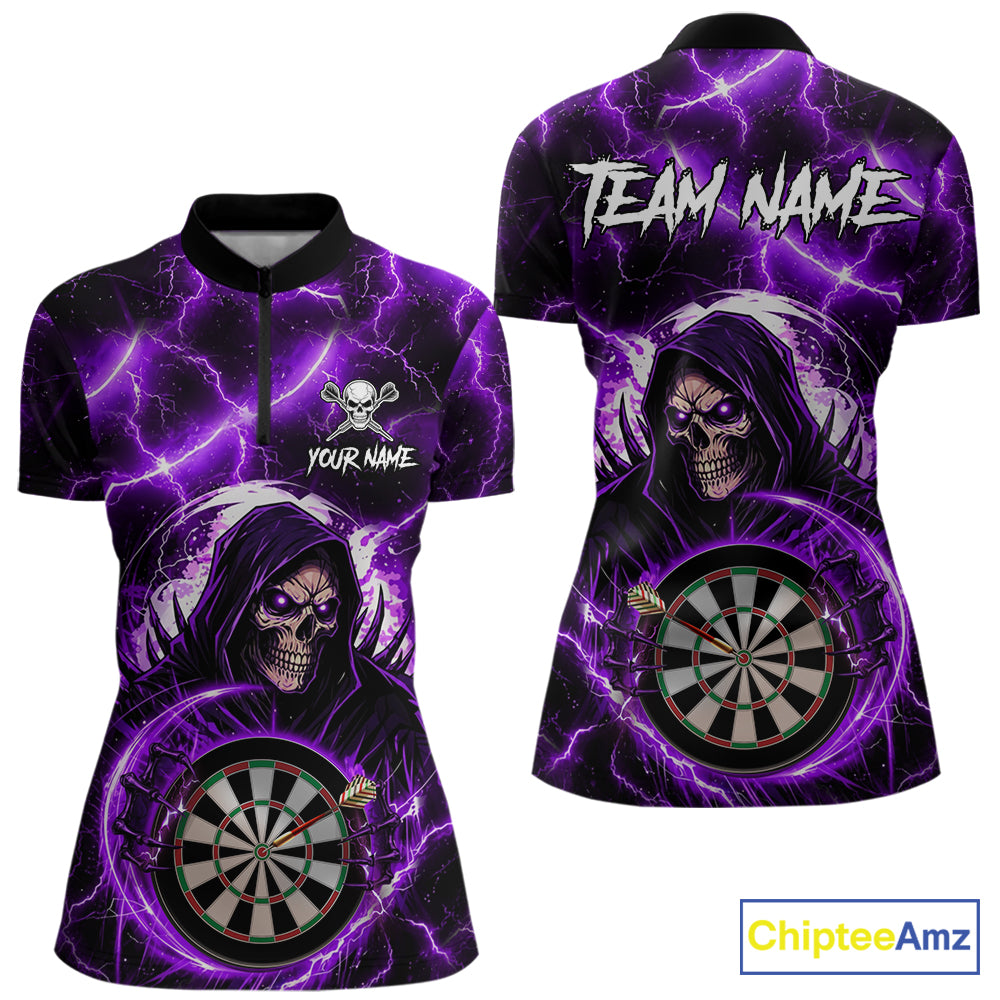 Purple Grim Reaper Skull Thunder Lightning Darts Shirt For Women Custom Darts Jersey Polo & 1/4 Zip TDM6468