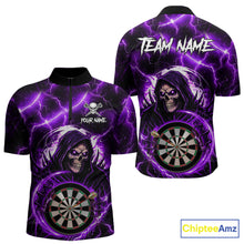 Load image into Gallery viewer, Purple Grim Reaper Skull Thunder Lightning Darts Shirt For Men Custom Darts Jersey Polo &amp; 1/4 Zip TDM6468