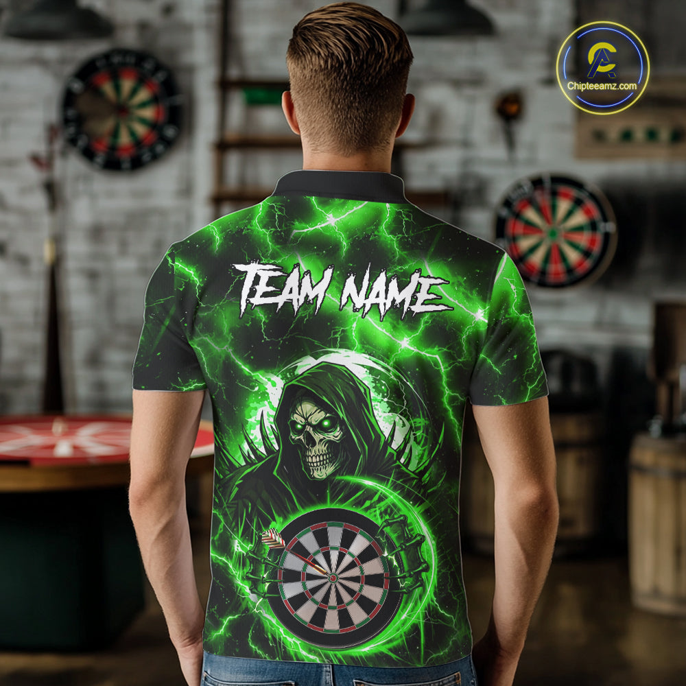 Green Grim Reaper Skull Thunder Lightning Darts Shirt For Men Custom Darts Jersey Polo & 1/4 Zip TDM6469