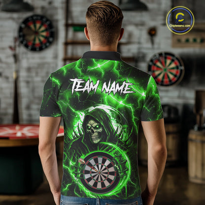 Green Grim Reaper Skull Thunder Lightning Darts Shirt For Men Custom Darts Jersey Polo & 1/4 Zip TDM6469
