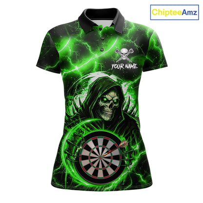 Green Grim Reaper Skull Thunder Lightning Darts Shirt For Women Custom Darts Jersey Polo & 1/4 Zip TDM6469