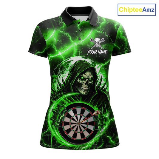 Green Grim Reaper Skull Thunder Lightning Darts Shirt For Women Custom Darts Jersey Polo & 1/4 Zip TDM6469