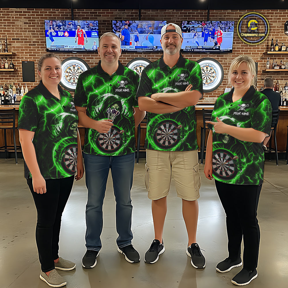 Green Grim Reaper Skull Thunder Lightning Darts Shirt For Men Custom Darts Jersey Polo & 1/4 Zip TDM6469