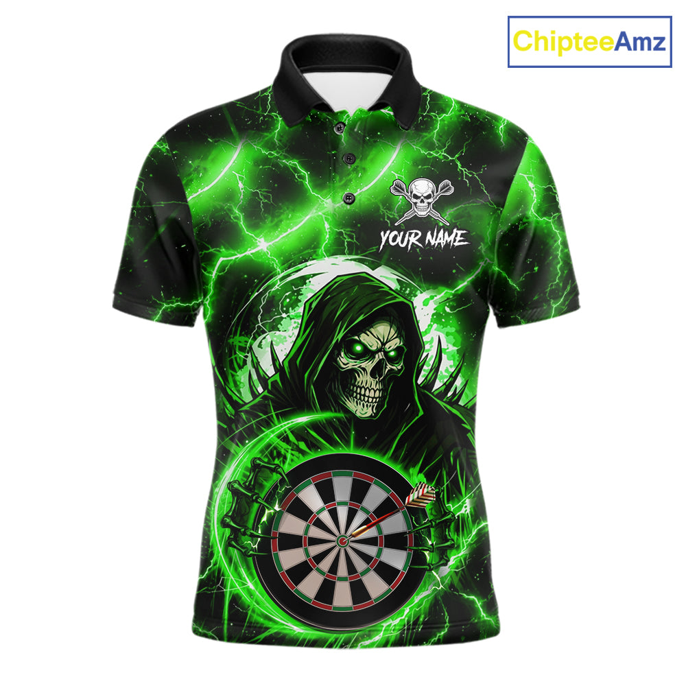 Green Grim Reaper Skull Thunder Lightning Darts Shirt For Men Custom Darts Jersey Polo & 1/4 Zip TDM6469