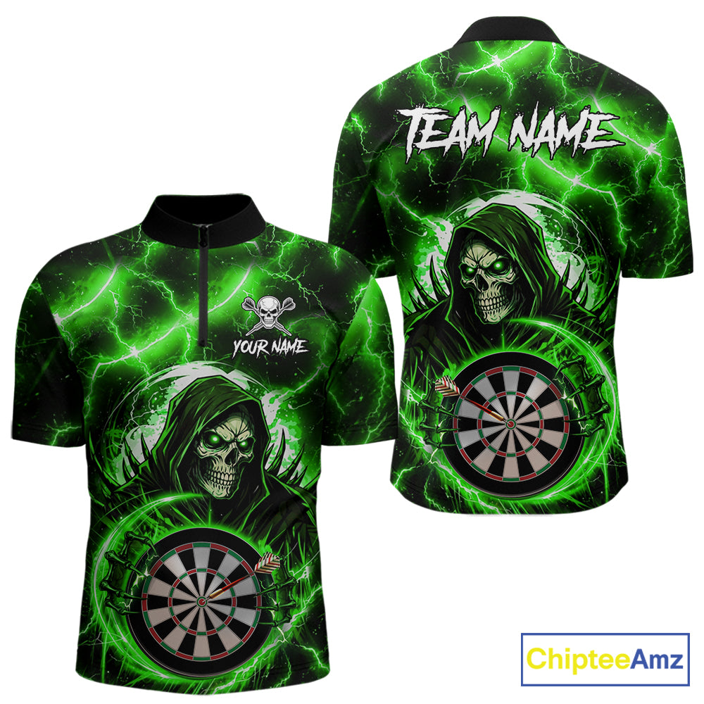 Green Grim Reaper Skull Thunder Lightning Darts Shirt For Men Custom Darts Jersey Polo & 1/4 Zip TDM6469