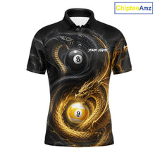 Load image into Gallery viewer, 8 ball 9 ball cobra snake and dragon pool billiard polo shirt for men with custom team graphics.
